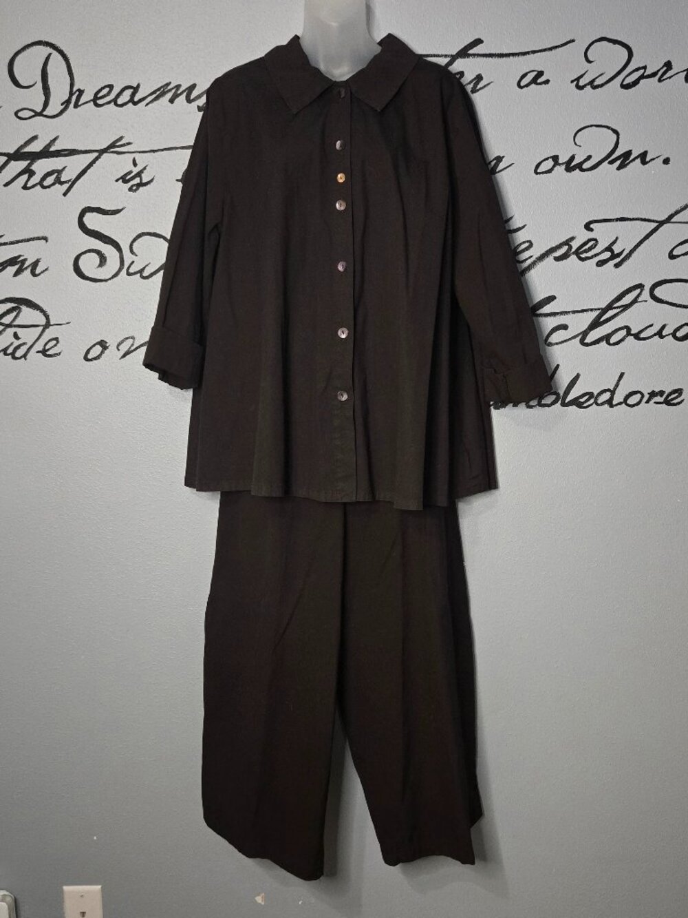 Gerties Eleven Stitch Design Black Button Up Tunic and Wide Leg Pant Set, Lg